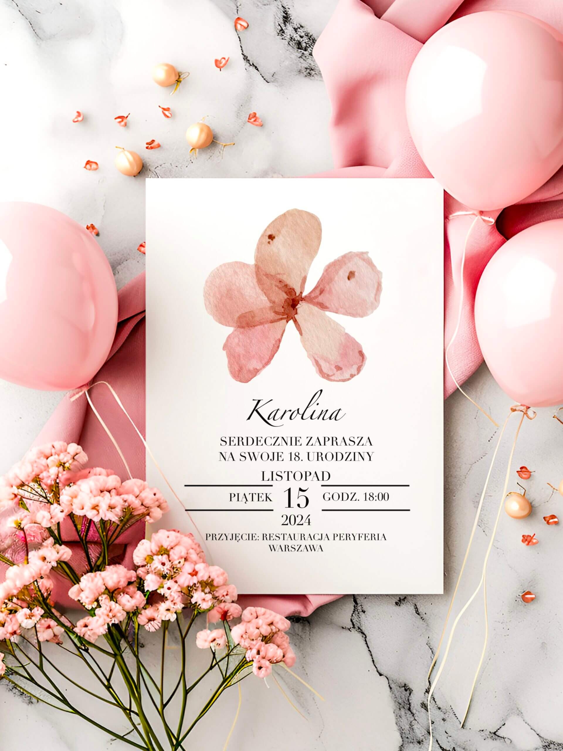 Delikatne zaproszenia na 18 urodziny z motywem kwiatowym