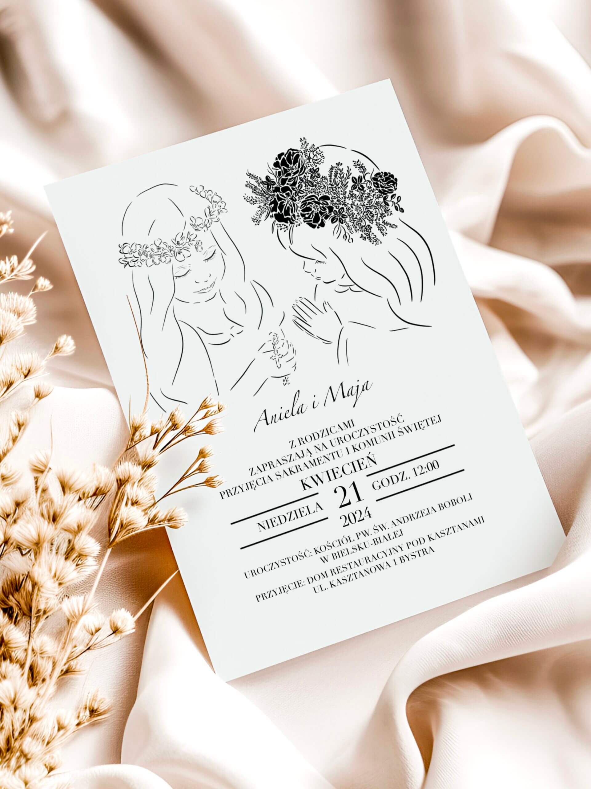 Zaproszenie komunijne dla 2 dzieci - 1 karta na papierze (wybór grafik i płci)