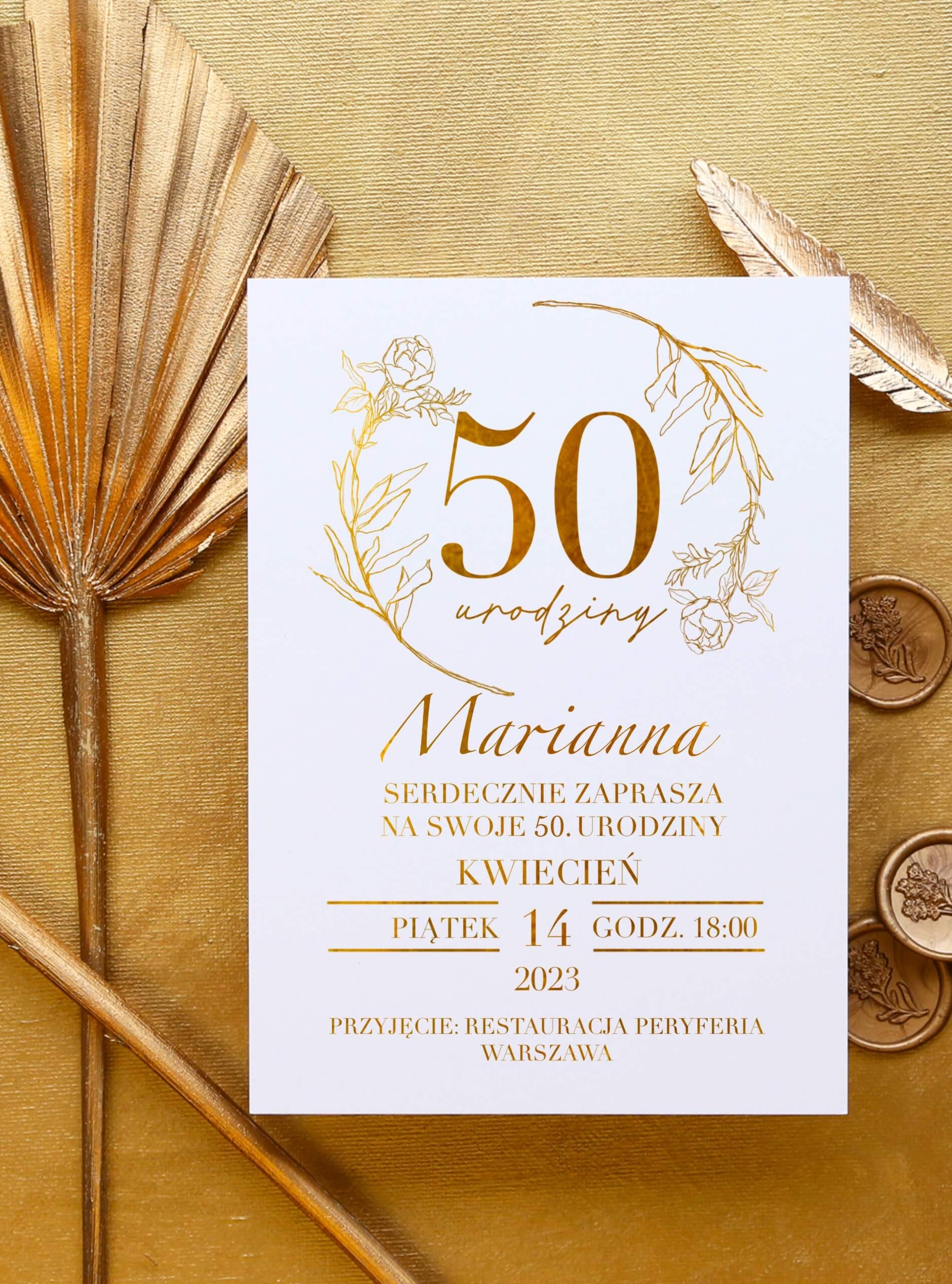 Eleganckie zaproszenia na 50 urodziny - złocone