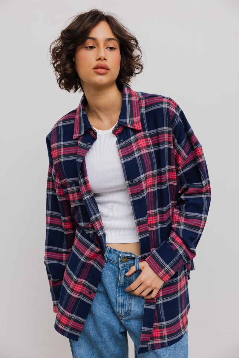 Koszula typu oversize w GRANATOWO RÓŻOWĄ KRATĘ