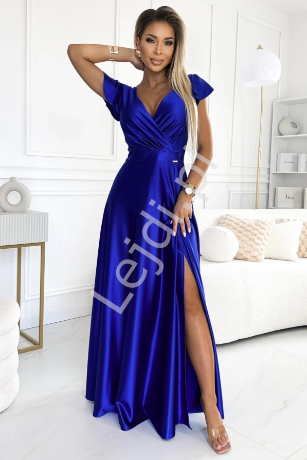 Satynowa długa suknia z kopertowym dekoltem  niebieska - CHABROWA CRYSTAL 