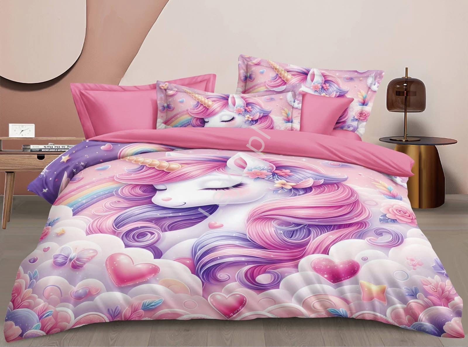 Bajeczna pociel dziecica 5D z jednorocem i serduszkami 3 czciowy 160cm x 200cm + poszewka na poduszk 2x 70x80, Polski Producent