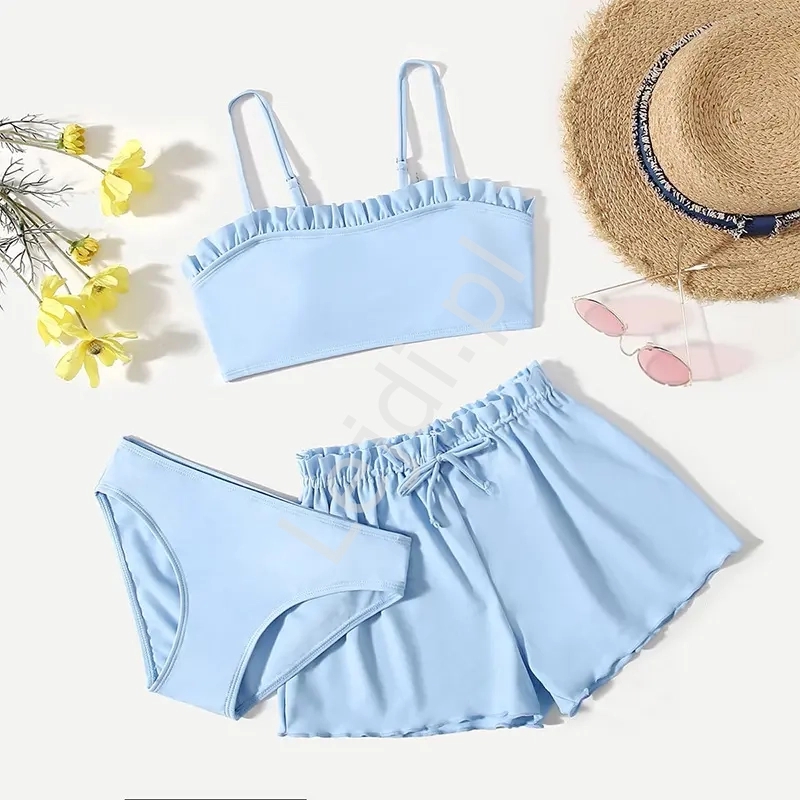 Bikini dla dziewczynki 3 częściowe ze spodenkami czarny , błękitny
