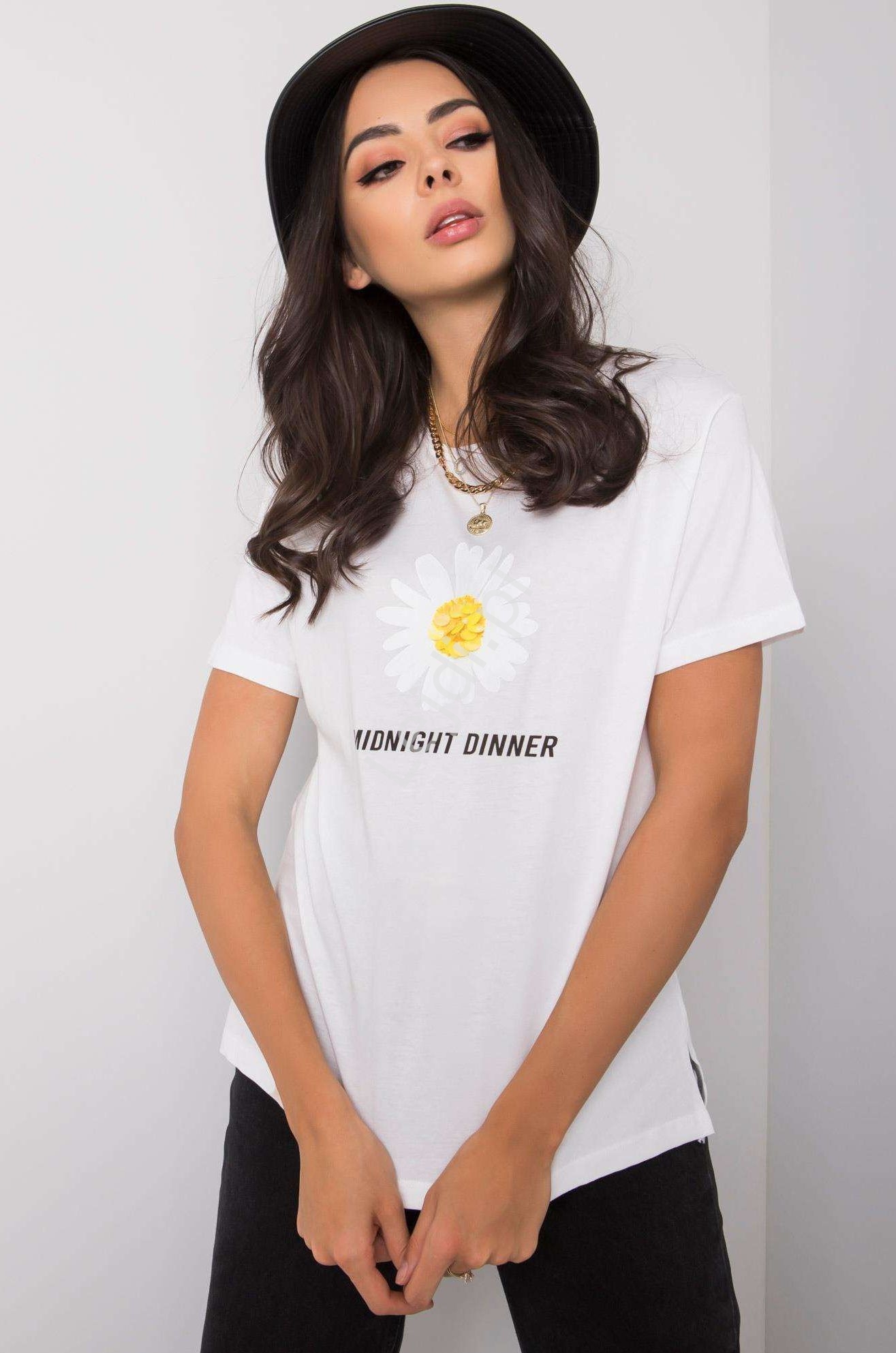 T-shirt baweniany ze stokrotka i cekinami biay