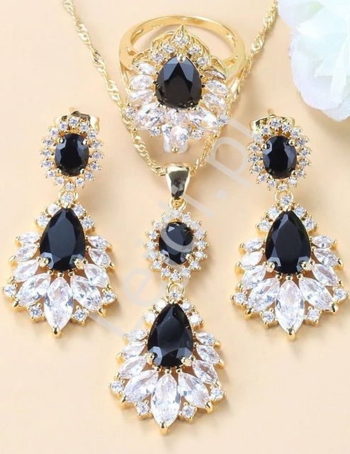 Image of 3 częściowy luksusowy zestaw biżuterii wieczorowej z czarnym kryształem