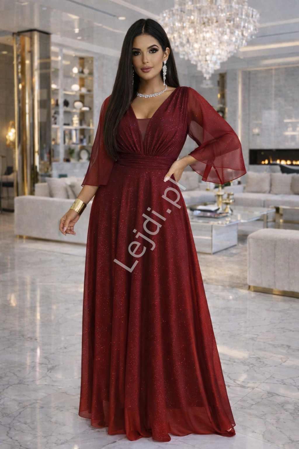 Sukienka wieczorowa z brokatem z r�kawem motylkiem, bordowa 654