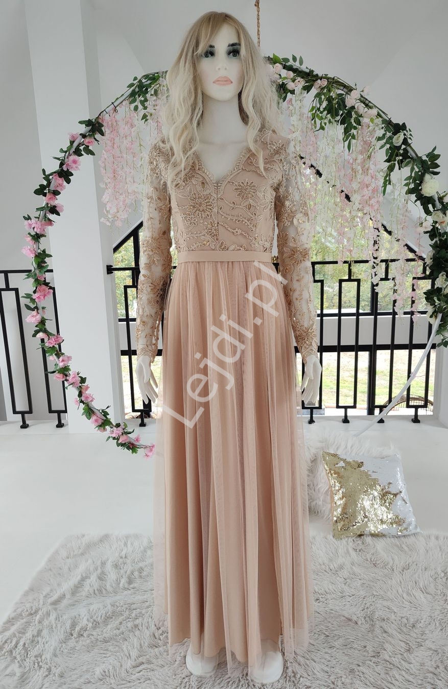 Beżowa tiulowa sukienka wieczorowa z długim rękawem Adel 3 ze złotymi cekinami