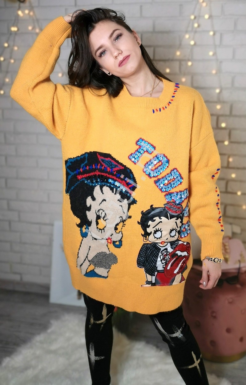 Image of Pomarańczowy sweter z cekinami i cyrkoniami Betty Boop PREMIUM