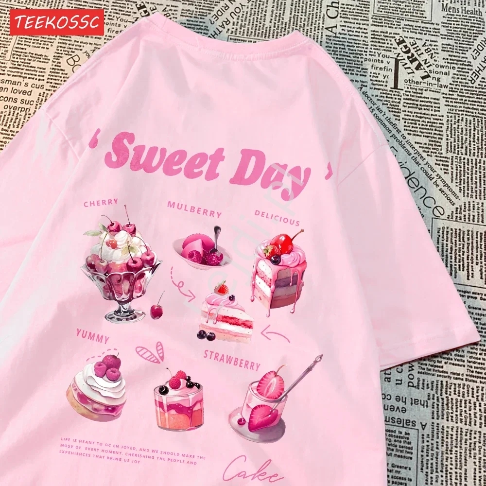 Słodka różowa koszulka Sweet Day z nadurkiem lodów, babeczek, tortów na plecach