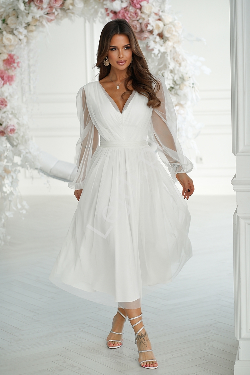 Image of Stylowa sukienka tiulowa o długości midi, modna sukienka ecru HB269