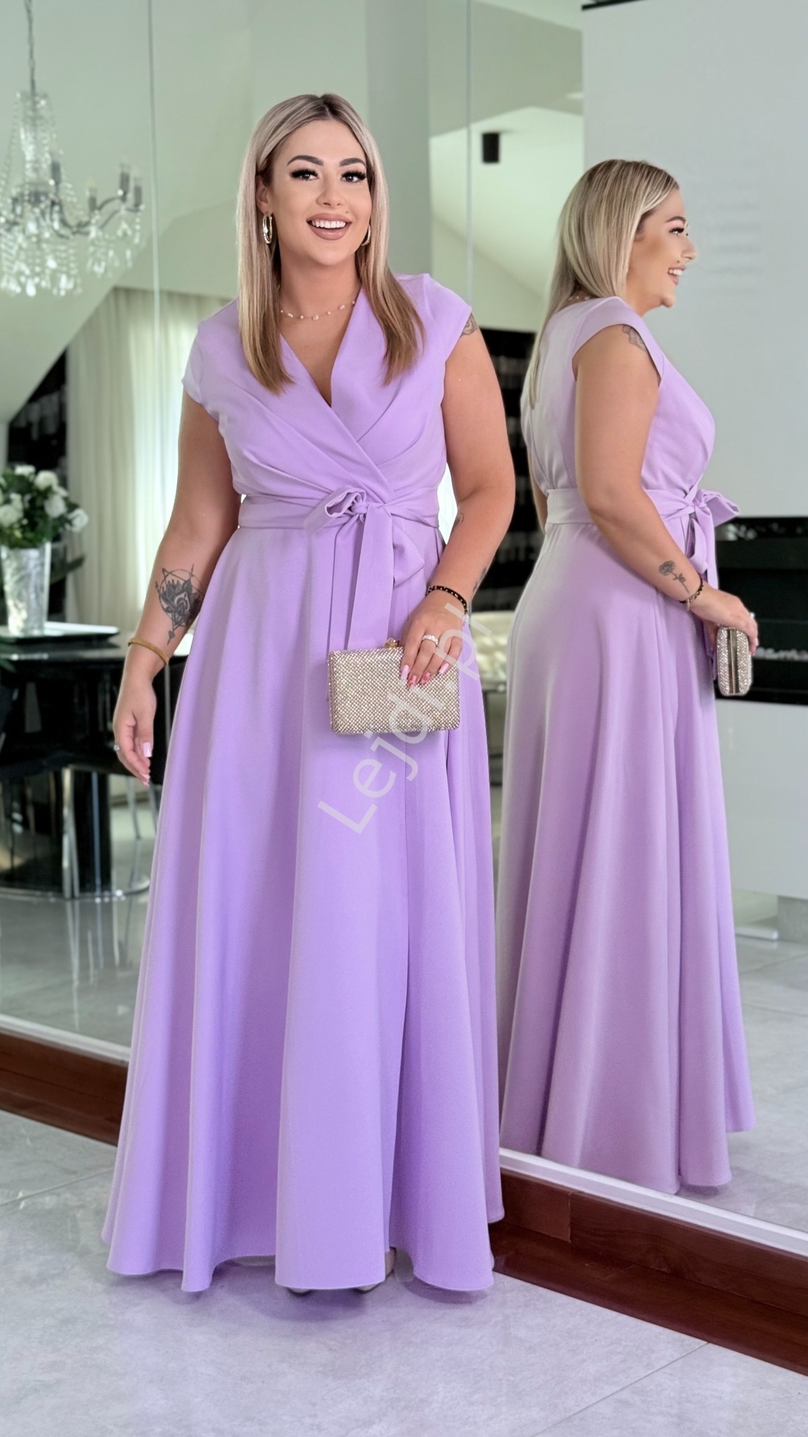 Lawendowa sukienka na wesele Natalia z rozci�ciem Plus Size, fioletowa sukienka Bosca