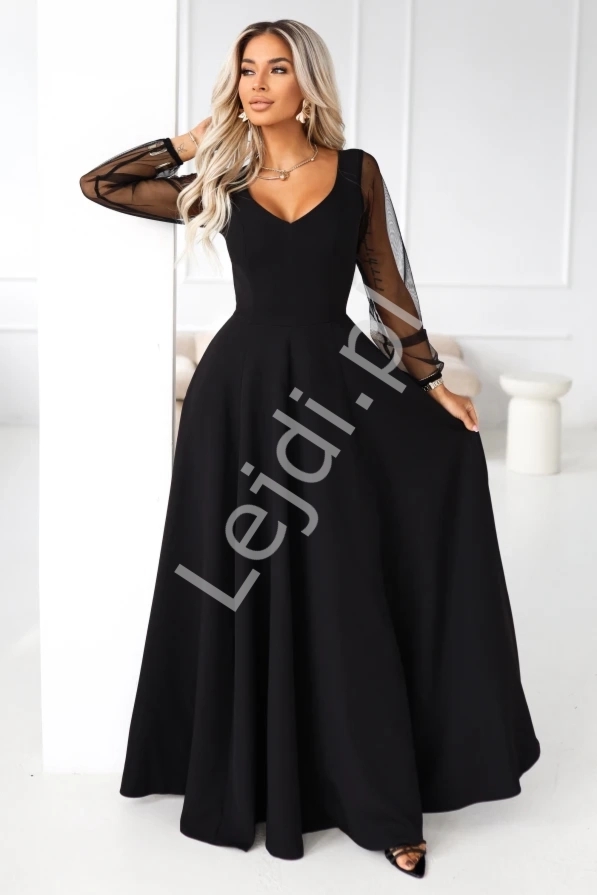 Czarna sukienka maxi wieczorowa z dugim tiulowym rkawem o kroju litery A