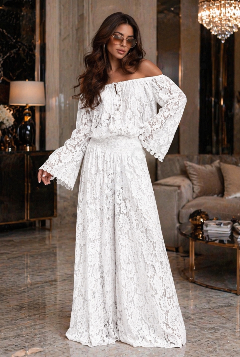 Koronkowy komplet damski bluzka + spodnie BOHO ecru