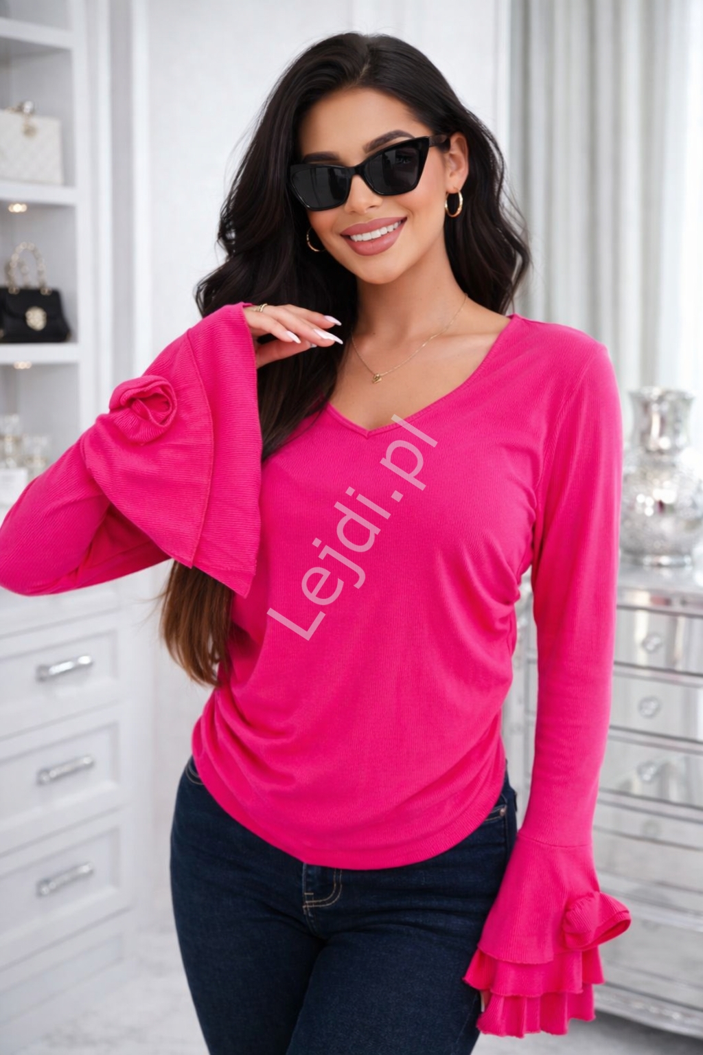 Fuksjowa bluzka z szerokim rękawem z kwiatem 0395