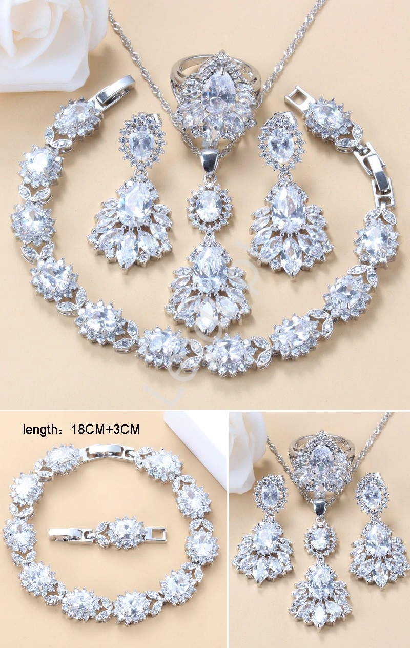 Image of 4 częściowy luksusowy kryształkowy zestaw biżuterii ślubnej