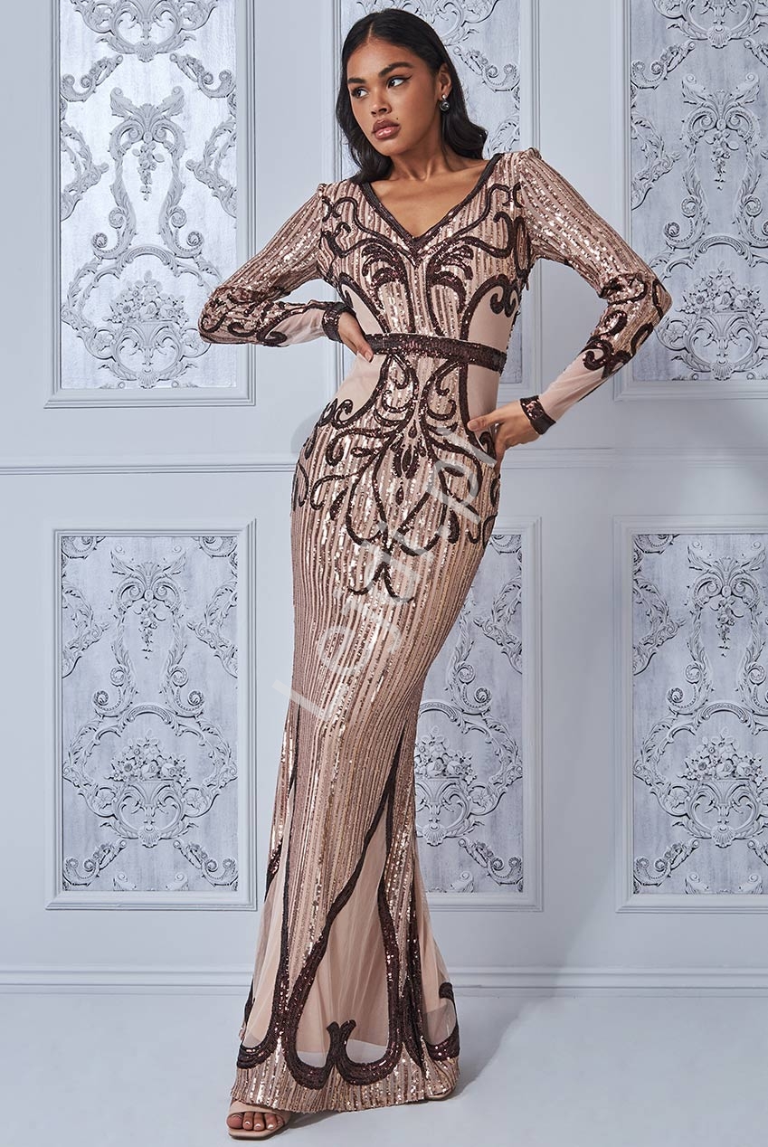 Image of Zjawiskowa sukienka wieczorowa, szampańska cekinowa sukienka na Sylwestra, na wesele, Goddiva 3235