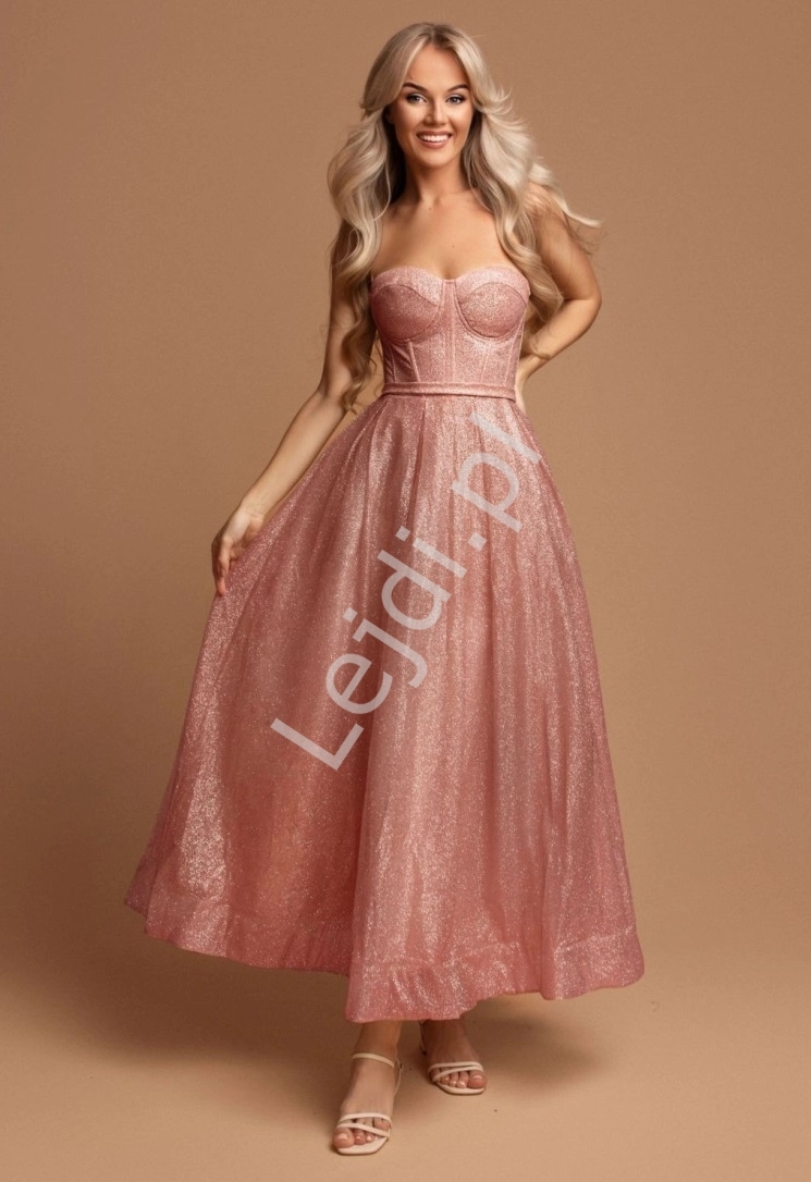 Gorsetowa midi sukienka wieczorowa w jasno rowym kolorze 2474