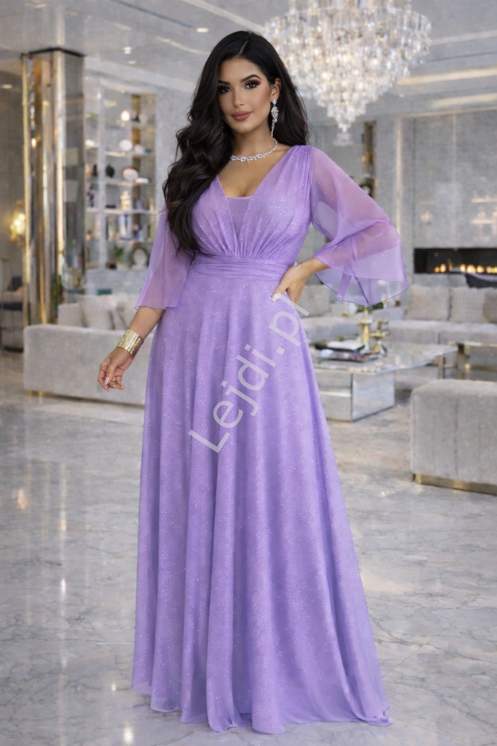 Sukienka wieczorowa z brokatem z r�kawem motylkiem, lawenda 654