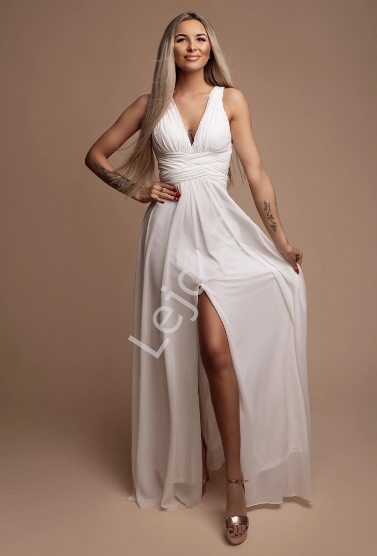 Elegancka Francuska bia�a kopertowa sukienka z szyfonu z przeplatanym pasem 1508