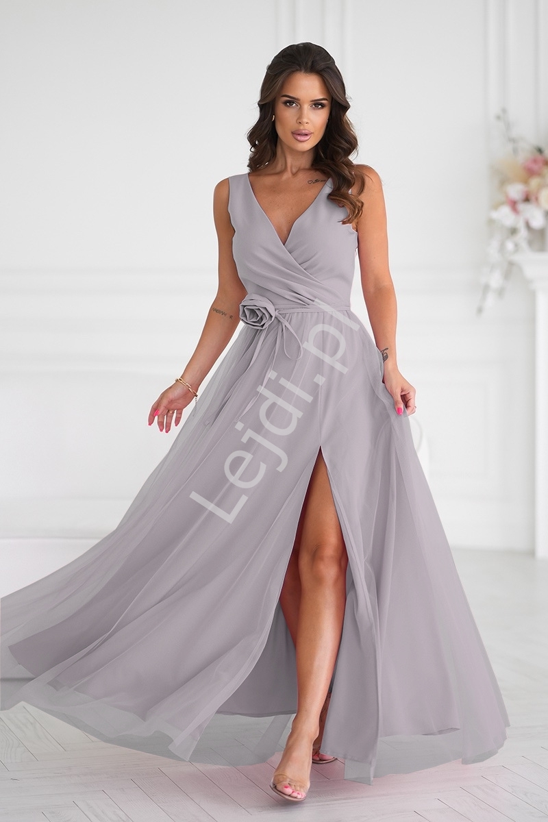 Szara suknia na studniówkę, wesele, sylwestra z różą HB318 , r.34 - r.48 , Plus Size