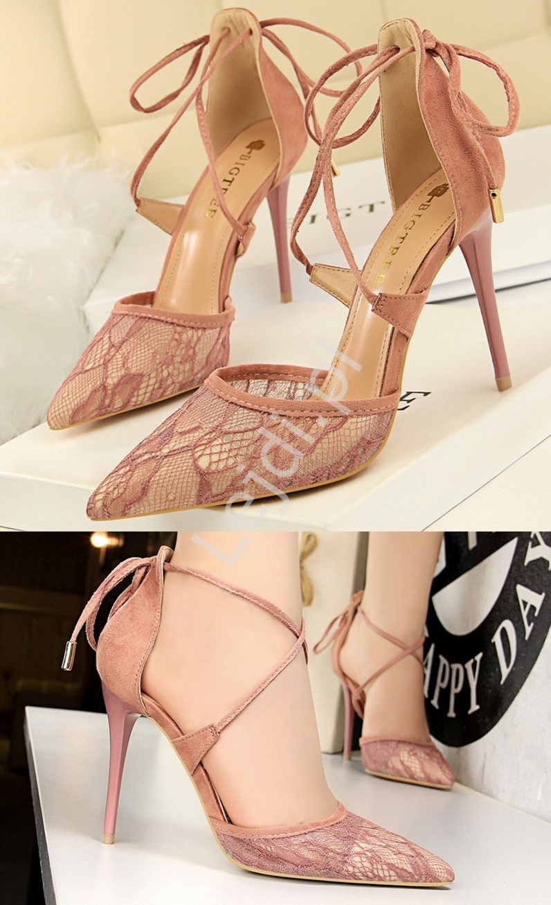 Koronkowe szpilki rowe, koronkowe sandaki na wysokim obcasie 9822