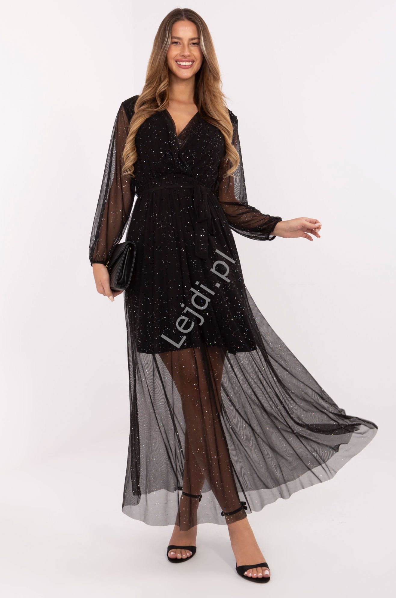 Sukienka wieczorowa czarna z elastycznej siateczki z mienicymi si drobinkami Sparkle czarna uniwersalna 38 - 46