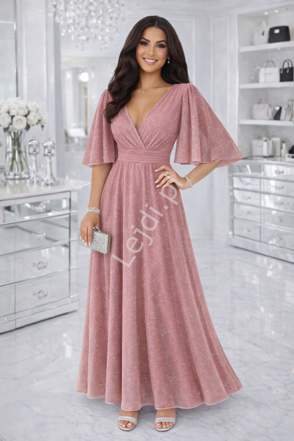 Sukienka wieczorowa z brokatem z r�kawem motylkiem, brudny r� 654