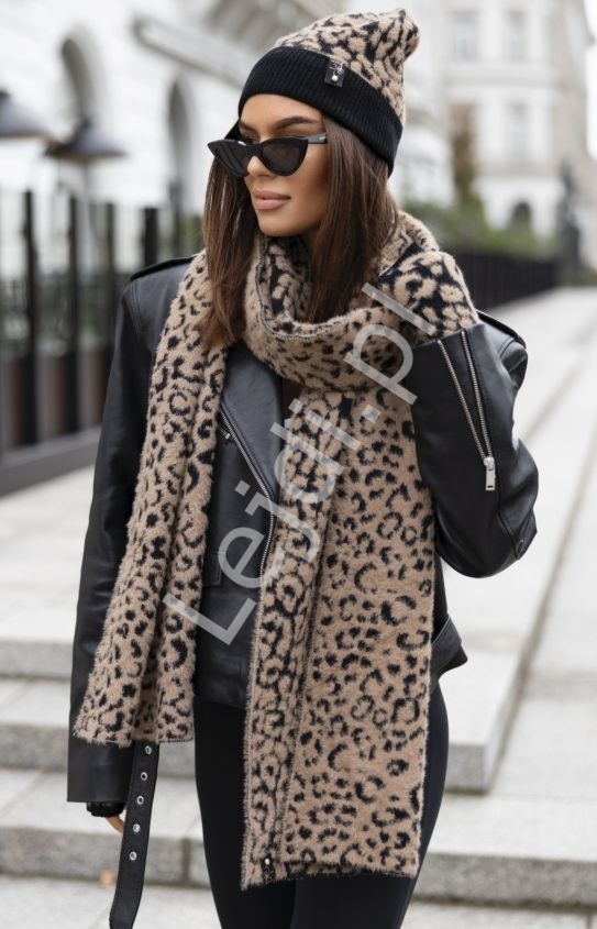 Luksusowy panterkowy 3w1 komplet czapka i grubo dzierany szal i r�kawiczki WILD WINTER Vouge