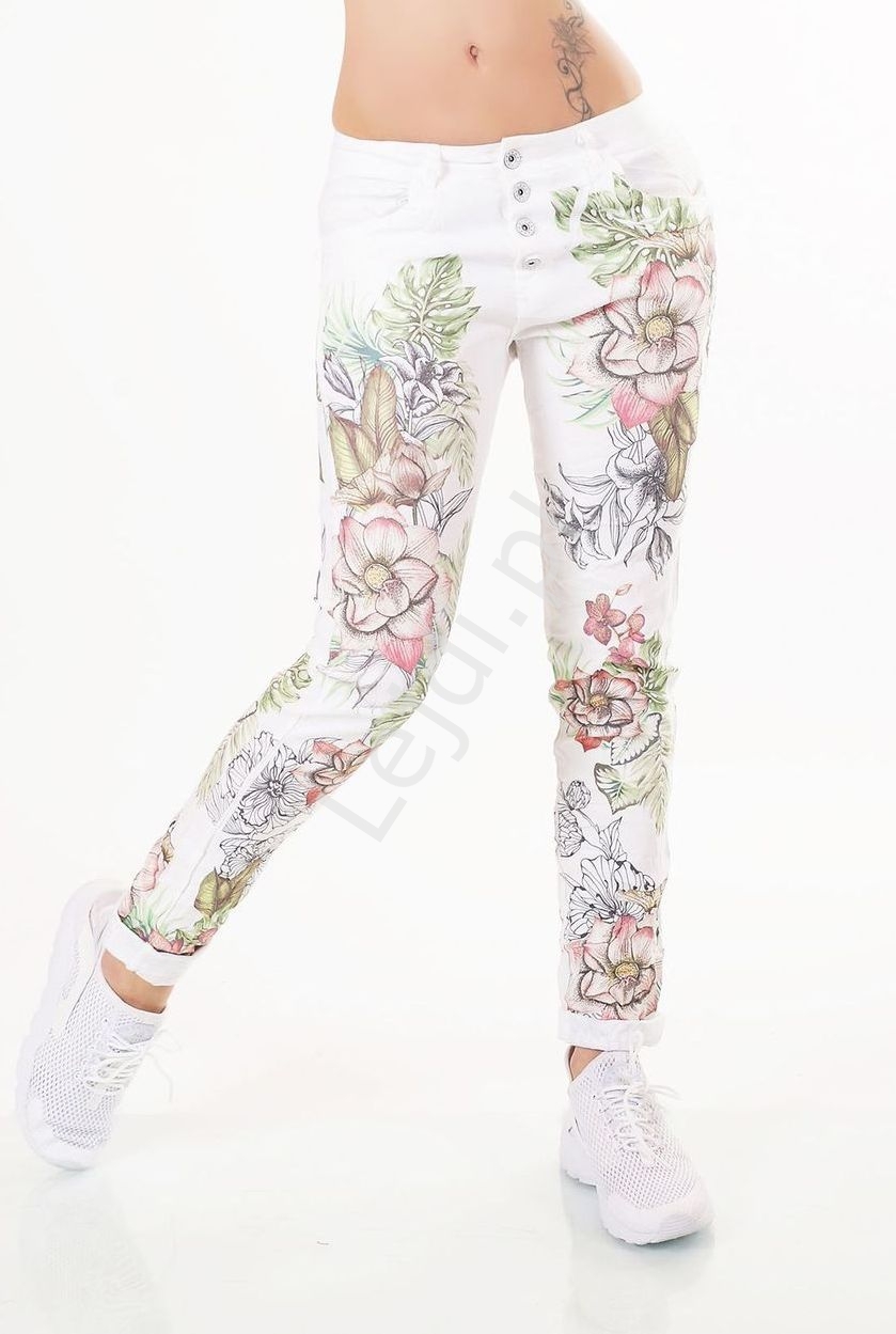 Image of Białe spodnie damskie w stylu baggy w kwiatowy wzór, modne spodnie jeansowe w kwiaty