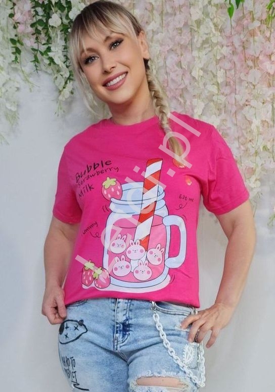 T-shirt damski Bubble strawberry milk shake fuksja