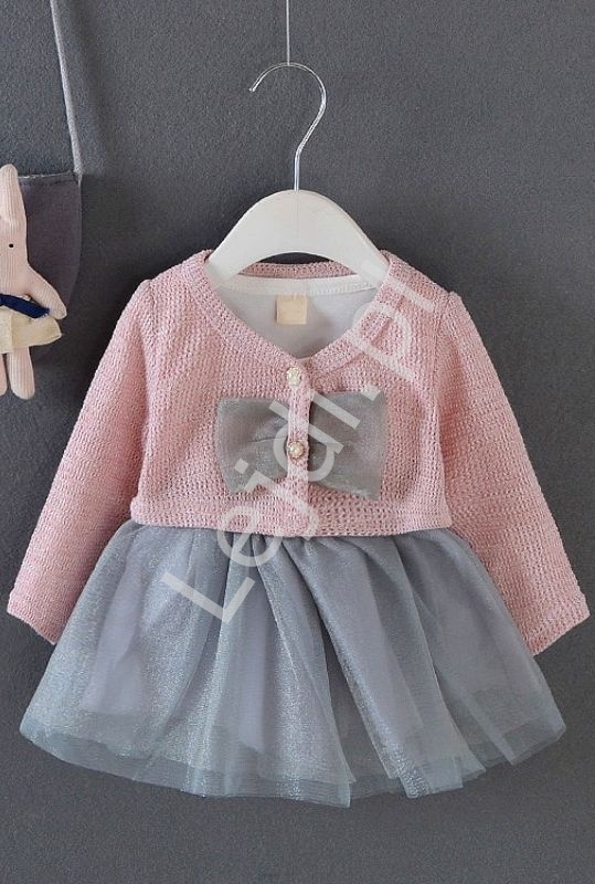 Image of komplet dla dziewczynki, sukienka z tiulową spódniczką i sweterek, różowy 056