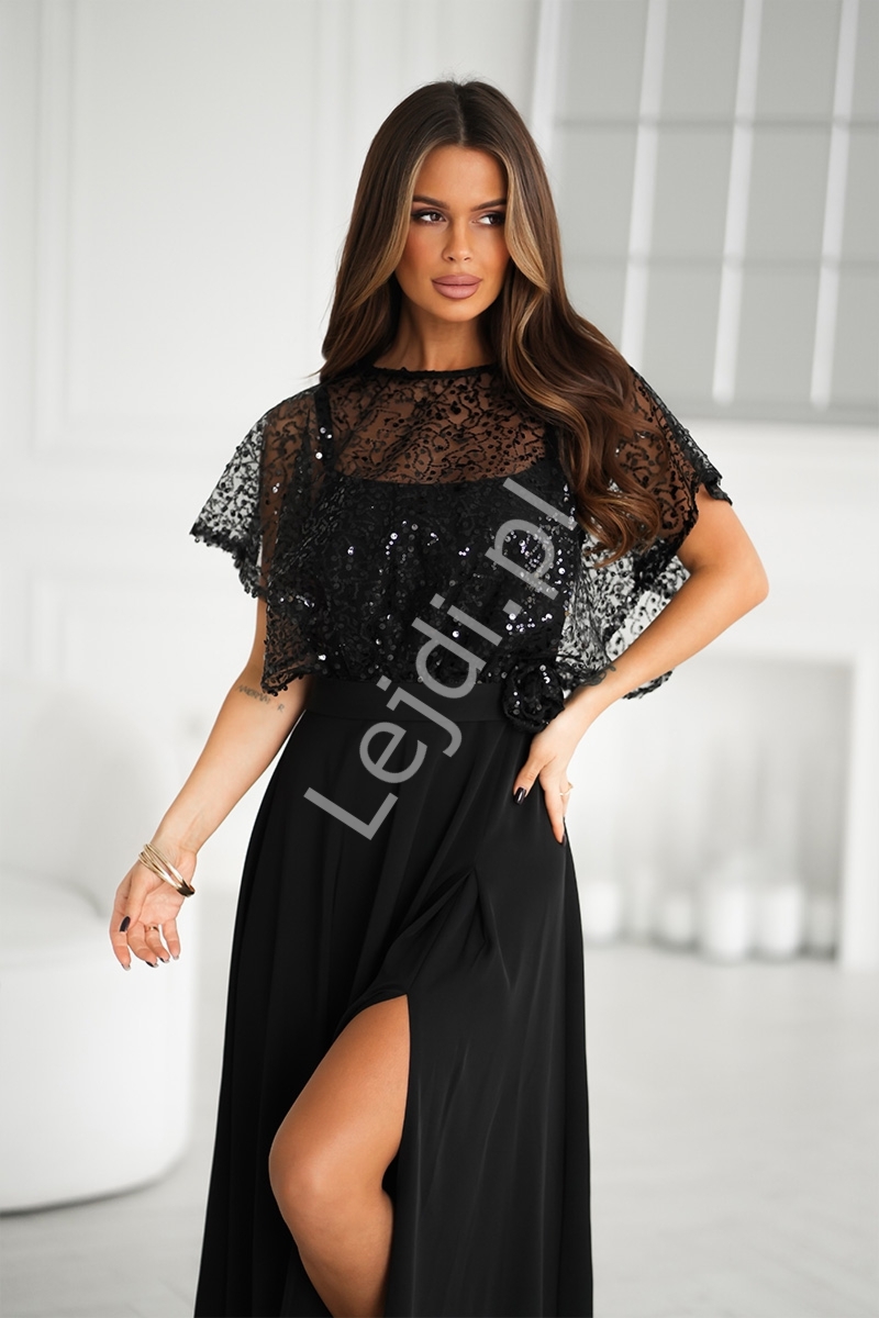 Czarna wyszczuplajca suknia + bolerko z cekinami i kwiatem w pasie 2w1 , sukienka wieczorowa r.34 - r.48 HB333