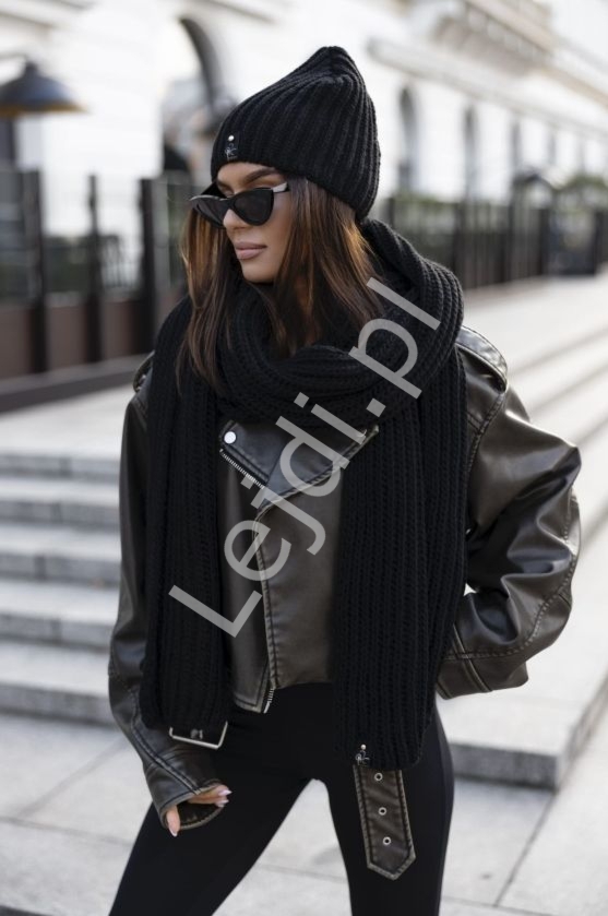 Luksusowy czarny komplet z wen czapka i grubo dzierany szal z dzierganym Arizona