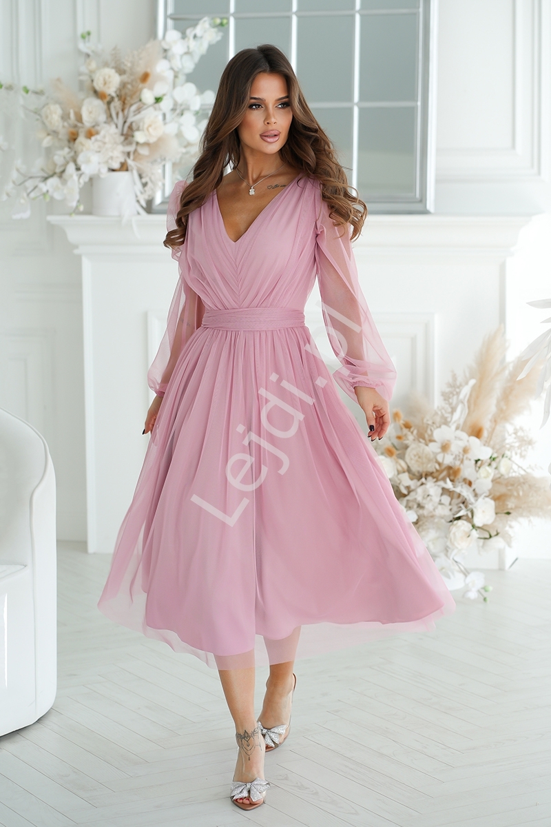 Image of Różowa sukienka midi z długim rękawkiem na wesele, na komunię, chrzciny HB269