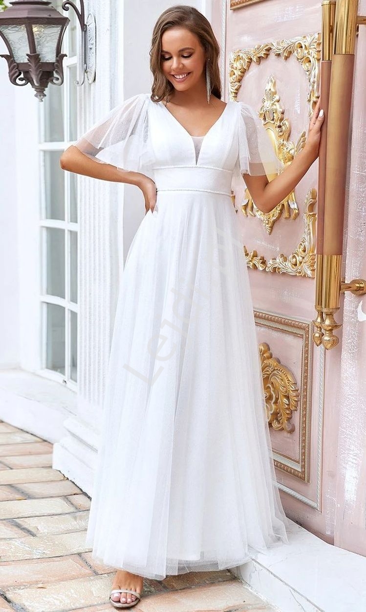 Image of Ślubna suknia w romantycznym stylu, tiulowa sukienka ślubna z brokatem 0278