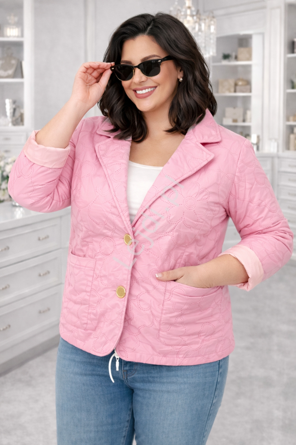 Pikowana kwiatowym wzorek różowa kurtka Plus Size przejściowa 5758