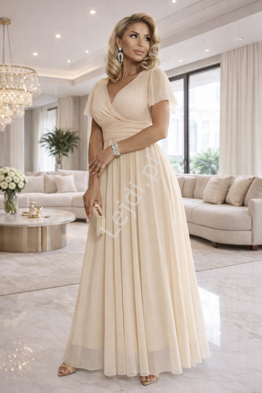 Sukienka kopertowa na wesele tiulowa jasny beż 562