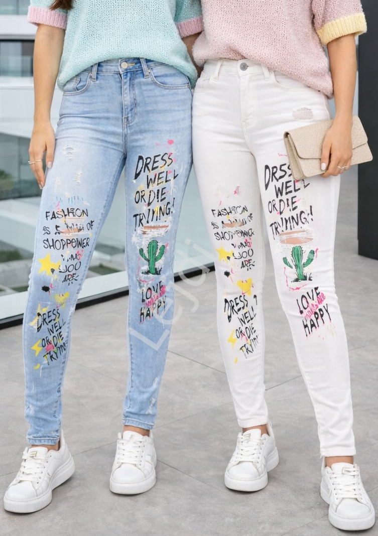 Modne niebieskie jeansy damskie z napisami i kaktusem, w�skie jeansy z bardzo wysok� tali� S2102