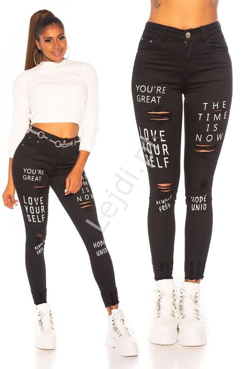 Czarne jeansy love your self, modne jeansy z napisami i przeta0ciami 562