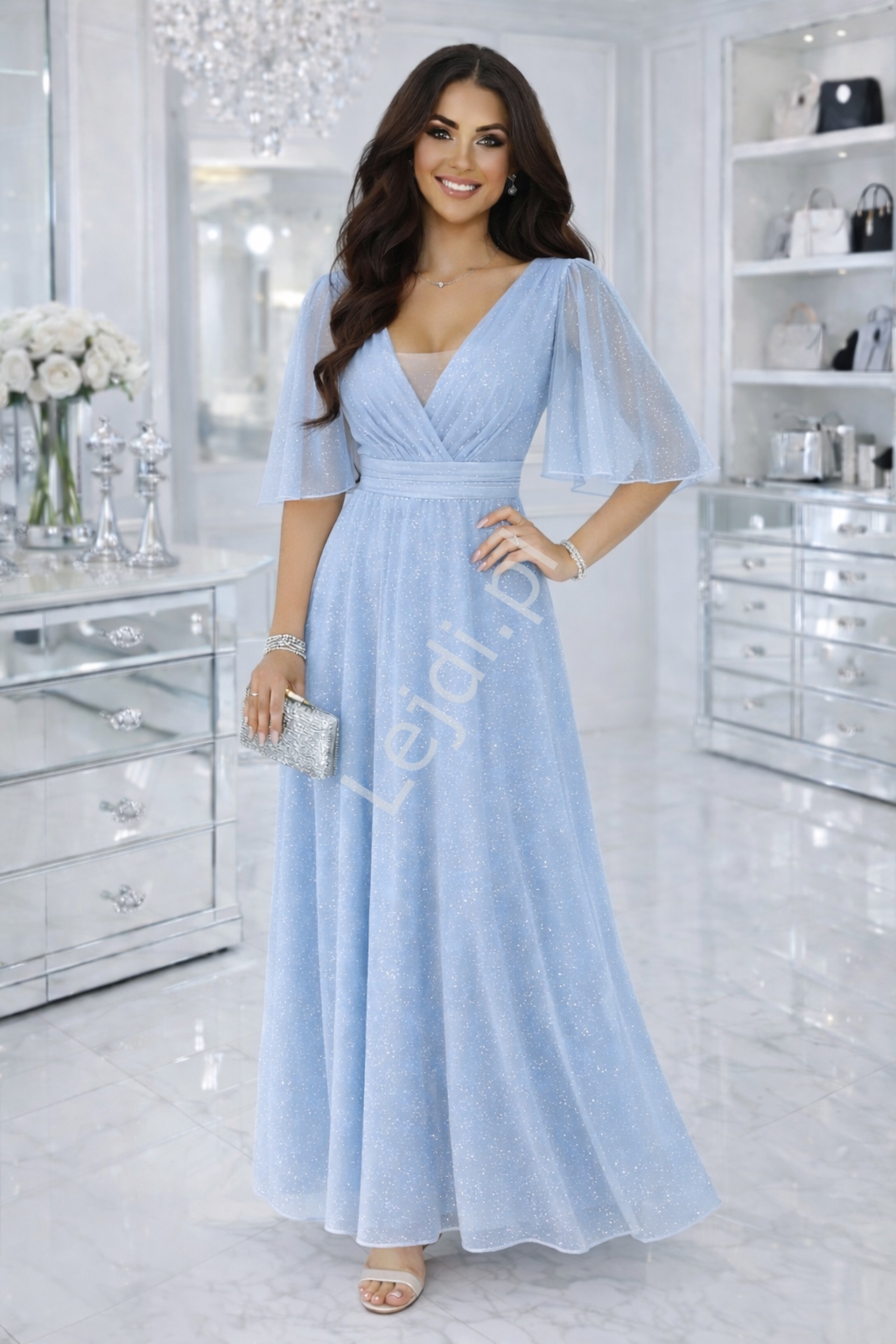 Sukienka wieczorowa z brokatem z r�kawem motylkiem, b��kitna 654