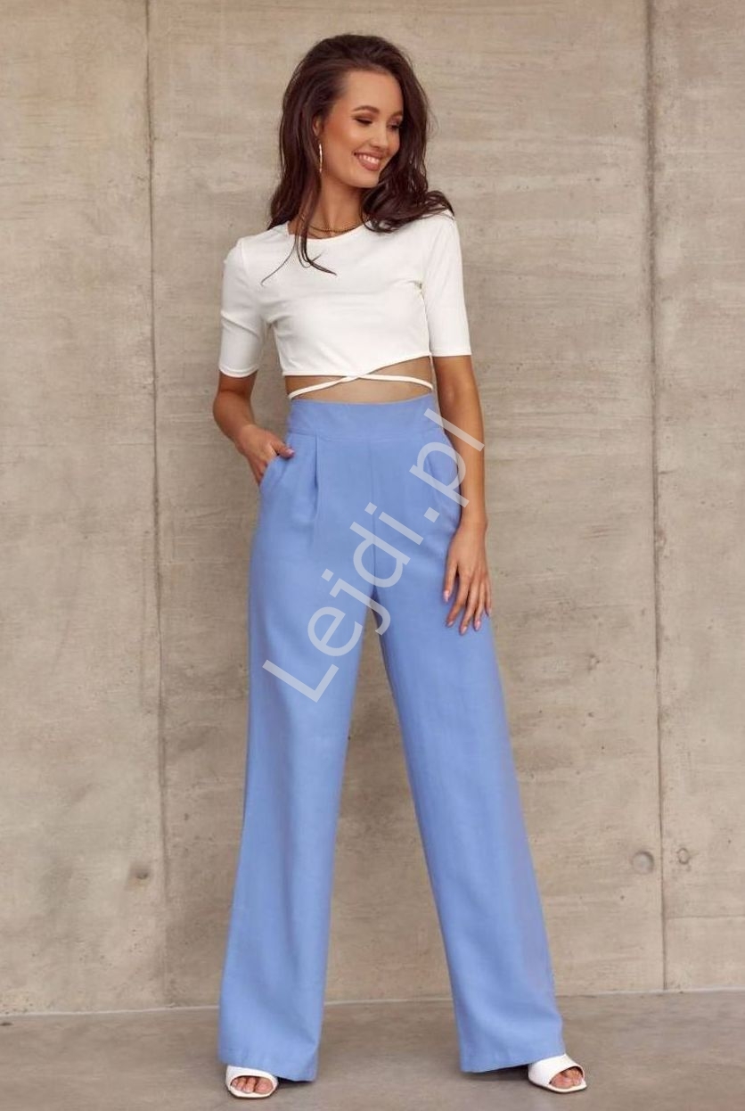 Image of Niebieskie spodnie damskie z wysoką talią, eleganckie spodnie dzwony 0025