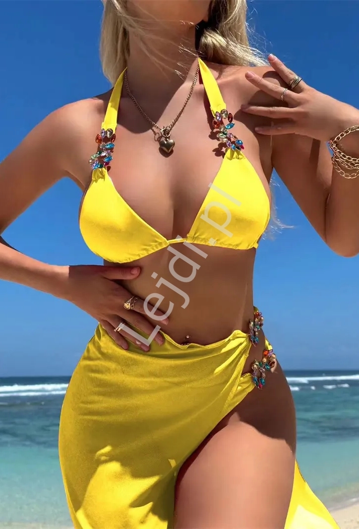 3 częsciowy komplet, bikini z kryształkami + pareo z kryształkami na bokach, żółty