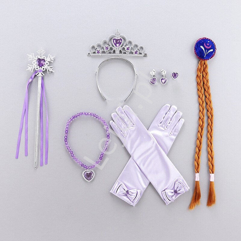Image of 7 częściowy komplet dla dziewczynki, dodatki dla księżniczki, królowej lodu, przebranie Ania Frozen, czy księżniczki Zosi