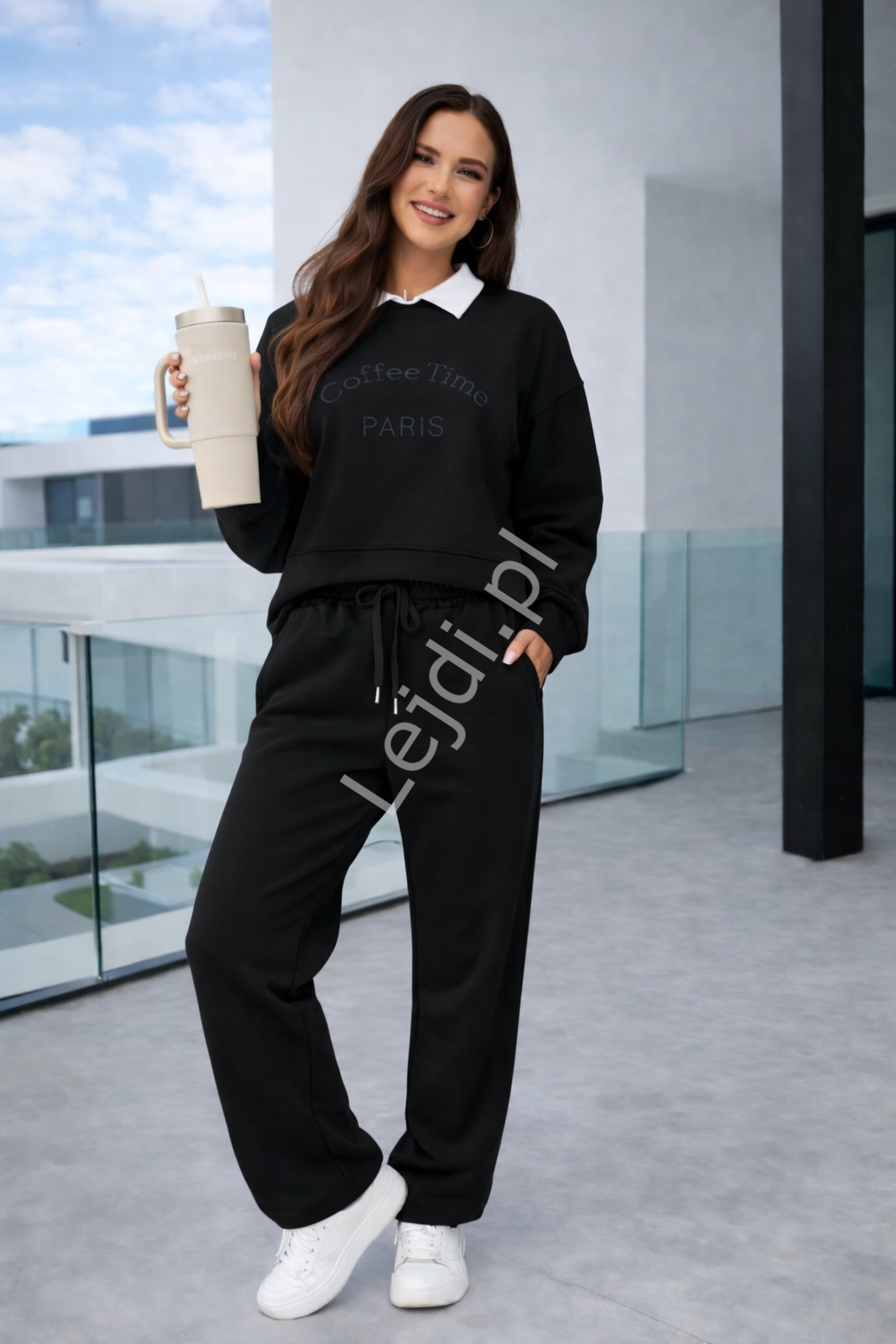 Komplet damski czarny z kołnierzykiem Coffee TIME PARIS 22212