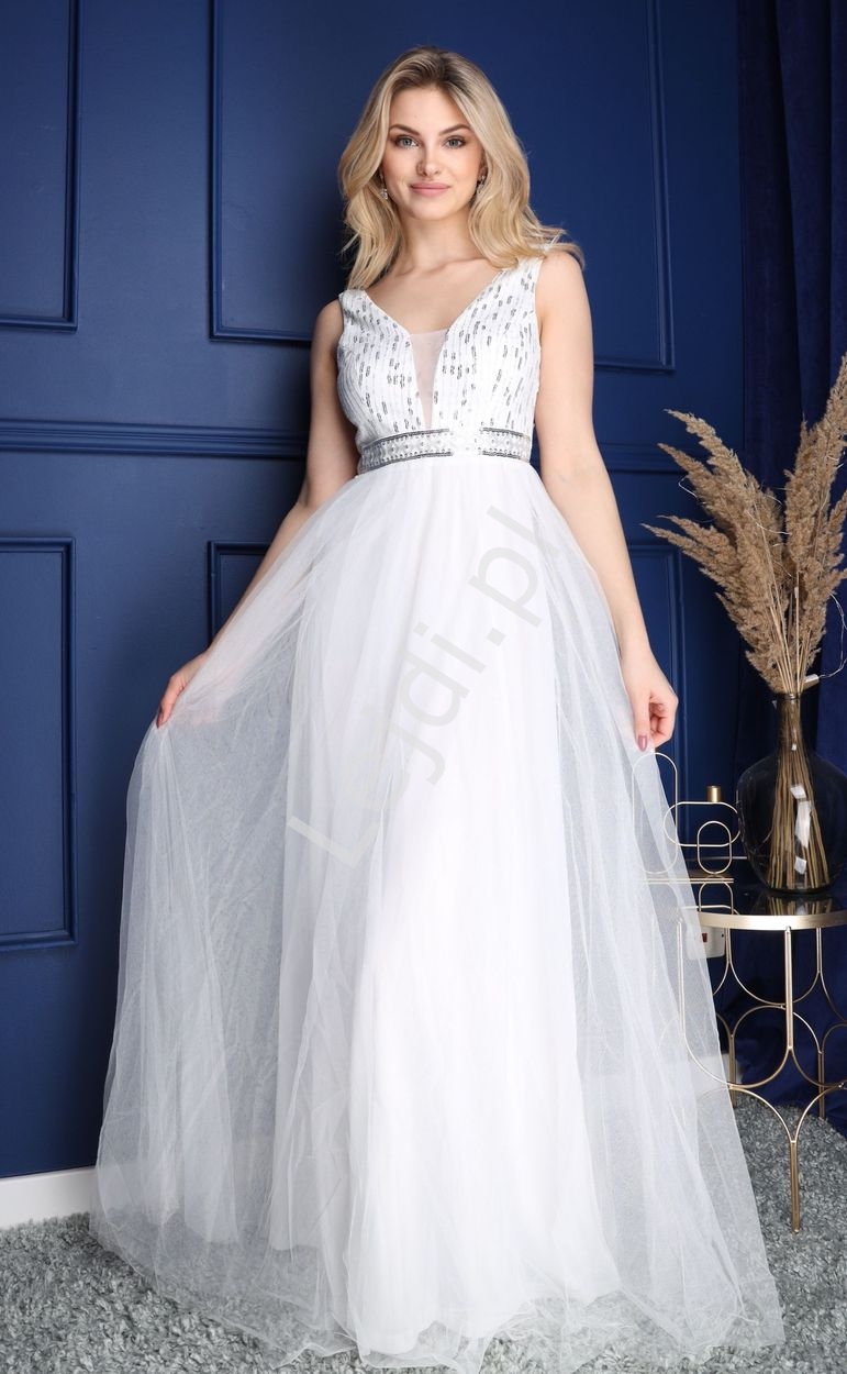 Image of Sukienka na ślub cywilny ze srebrnymi cekinami, biała sukienka ślubna 0715