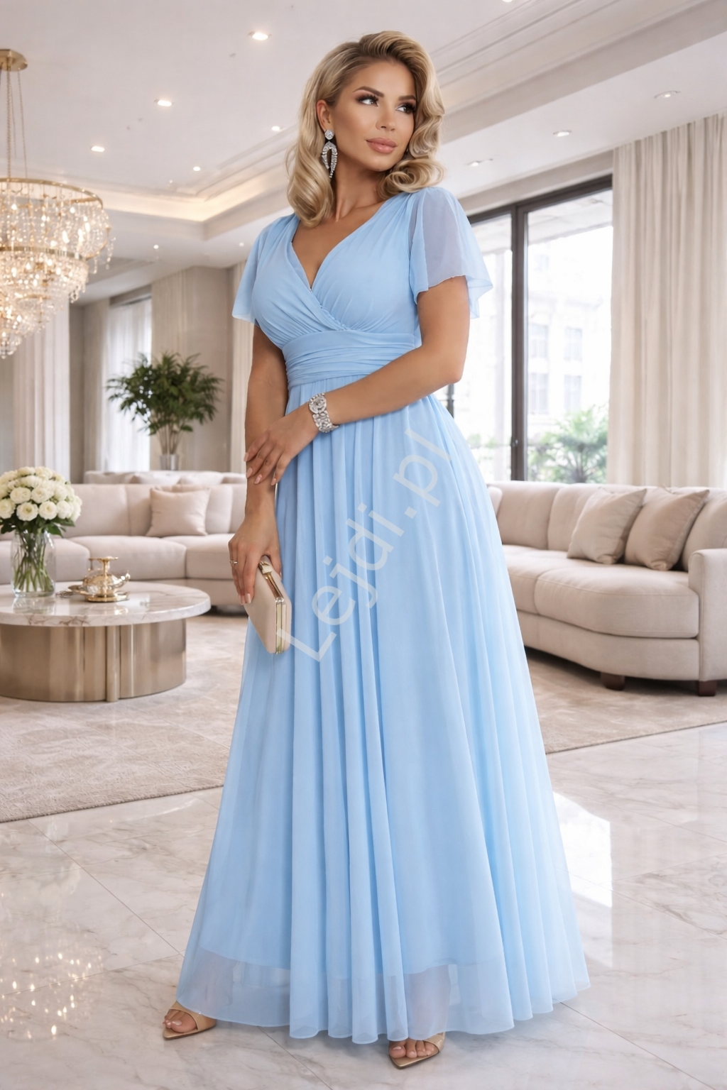 Sukienka kopertowa na wesele, dla druhen tiulowa błękitna