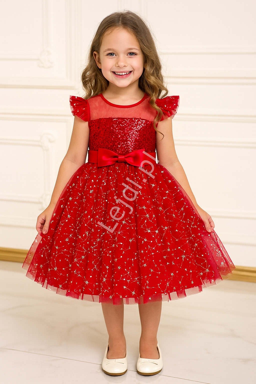 Sukienka na święta, wsele, bal dla dziewczynki czerwona w srebrne wzory z cekinami