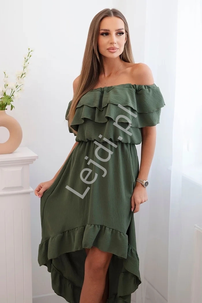 Sukienka hiszpanka z falbanami 100% wiskoza z marszczonym dekoltem it-77 khaki