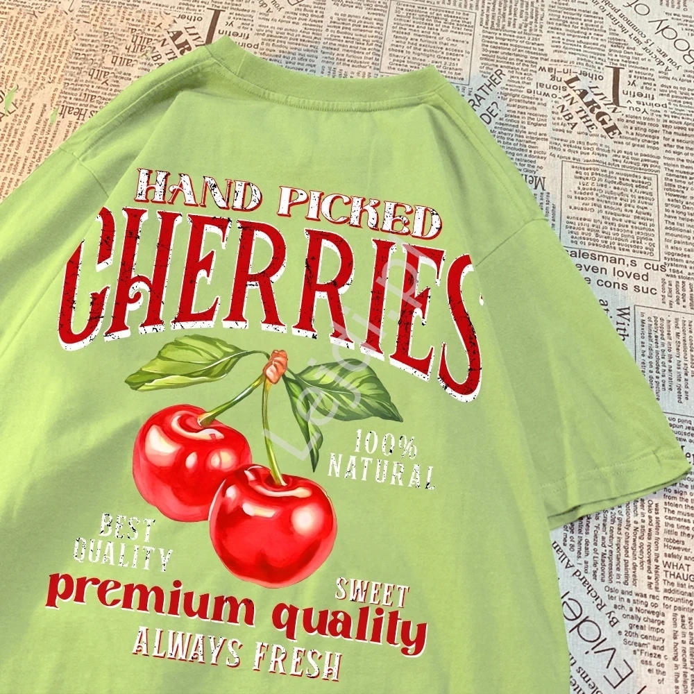 Koszulka damska nadruk czerwone wisienki Cherry 100% bawena, oliwka