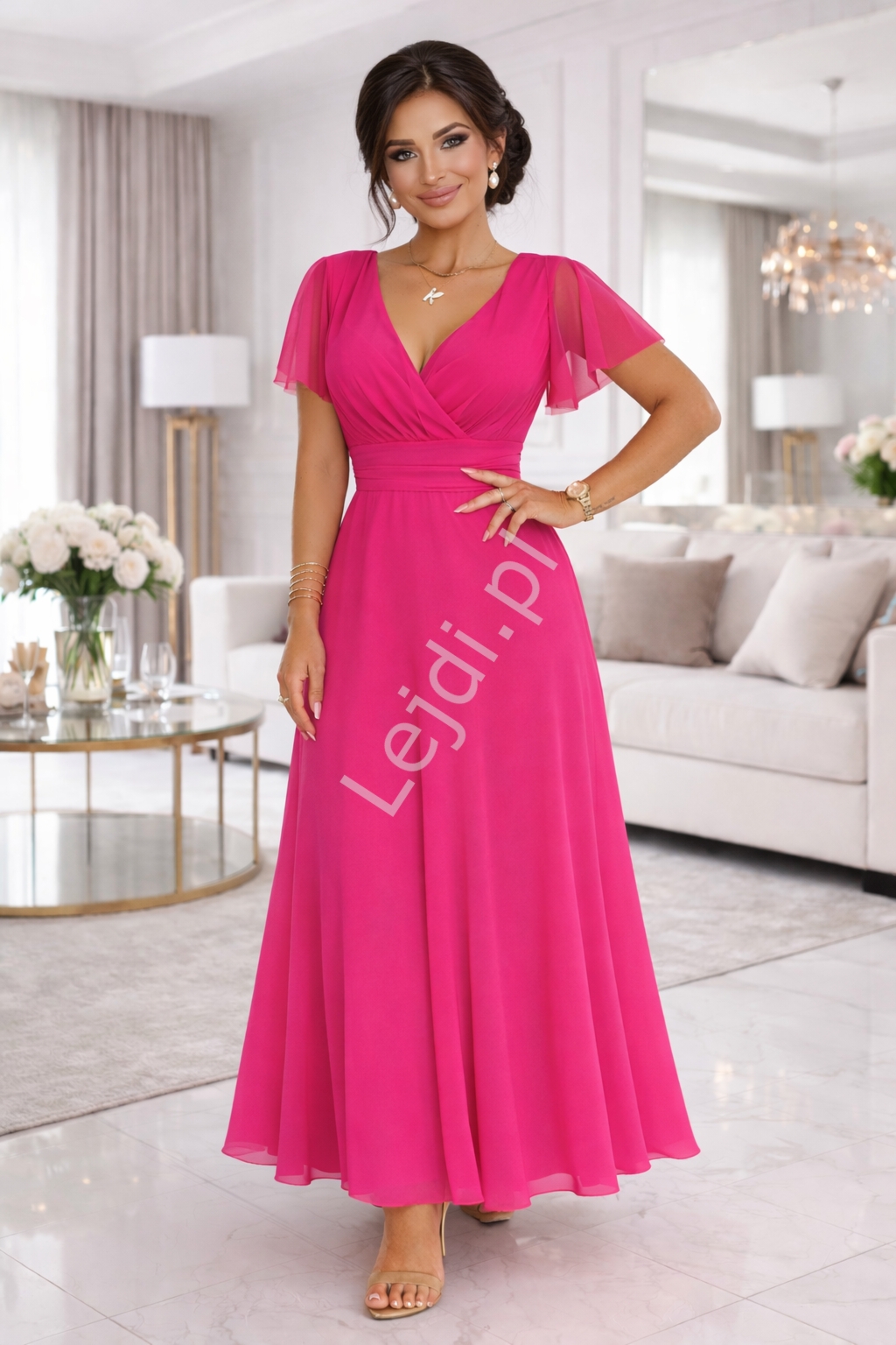 Sukienka kopertowa na wesele tiulowa magenta, ciemna fuksja